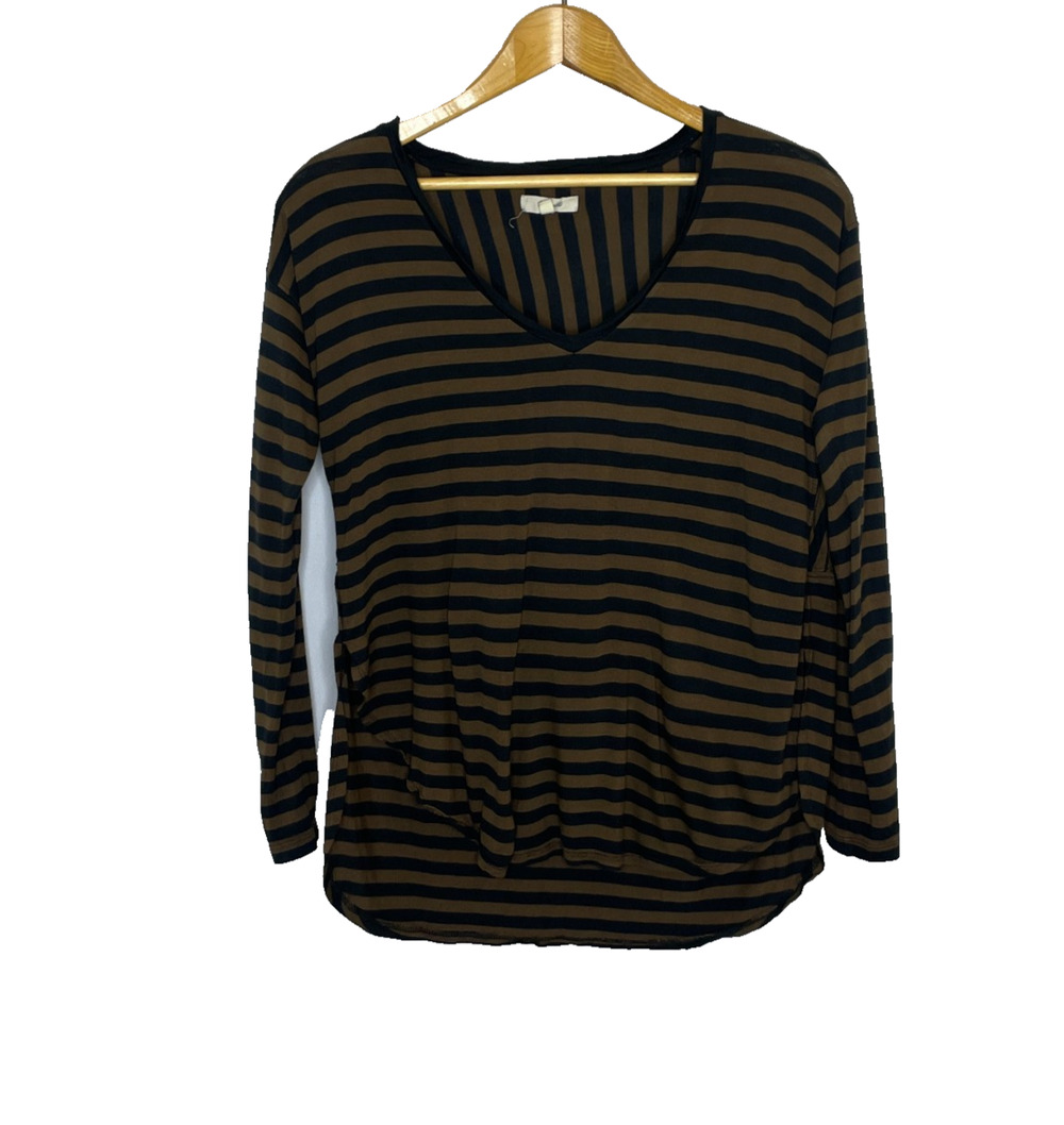 Women's XS Madewell Brown Stripe 3/4 Sleeve Viscose Shirt